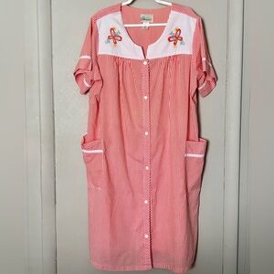 Vintage Embroidered Orange/White Seersucker striped Muumuu Housecoat 1X